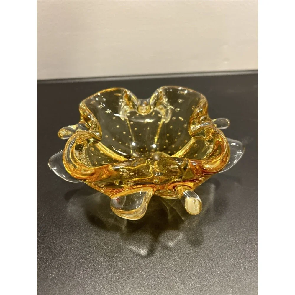 Murano Yellow Bullicante Controlled Bubble Art Glass Bowl Trinket Dish Bowl Big